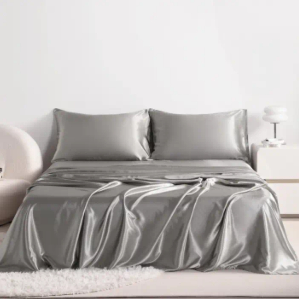 Queen Luxury Silver Poly-Satin Bedding Set